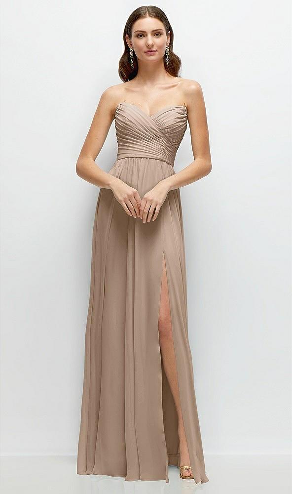 strapless pleated surplice chiffon maxi dress with a-line skirt