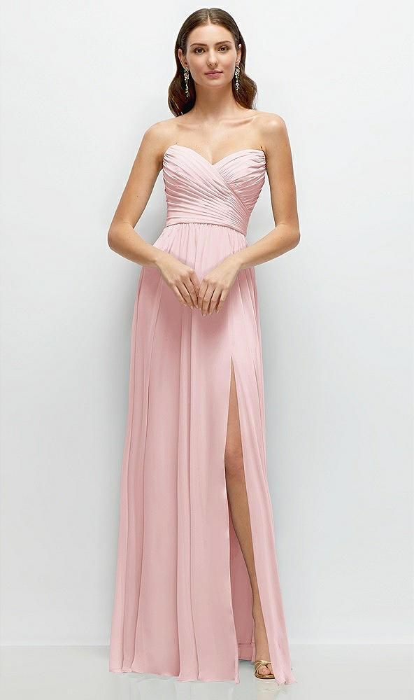 strapless pleated surplice chiffon maxi dress with a-line skirt