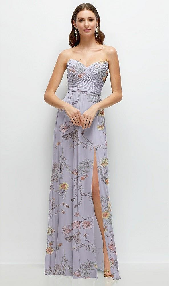 strapless pleated surplice chiffon maxi dress with a-line skirt