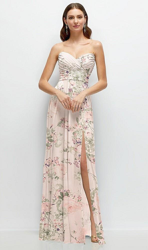 strapless pleated surplice chiffon maxi dress with a-line skirt