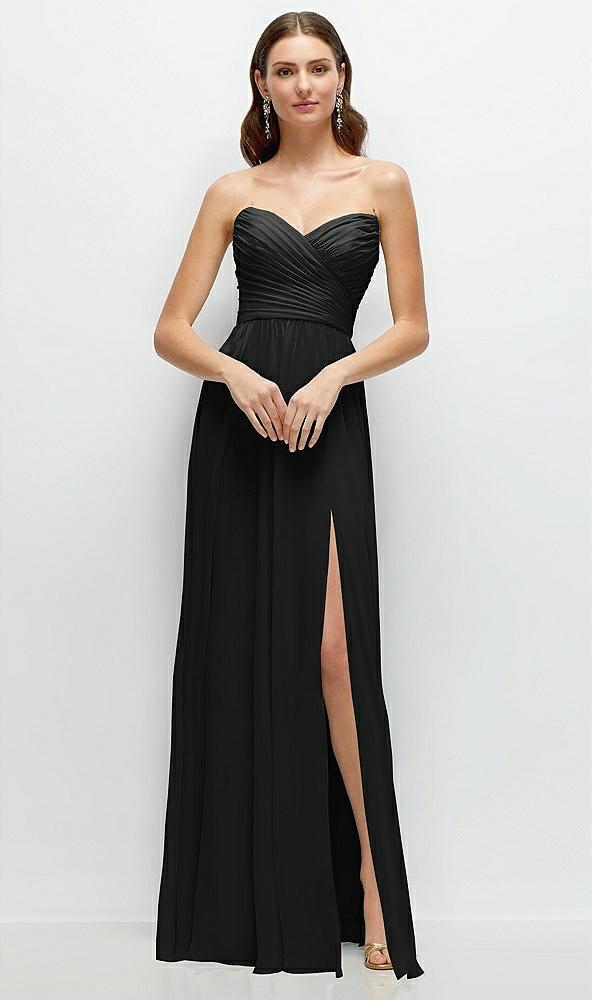 strapless pleated surplice chiffon maxi dress with a-line skirt