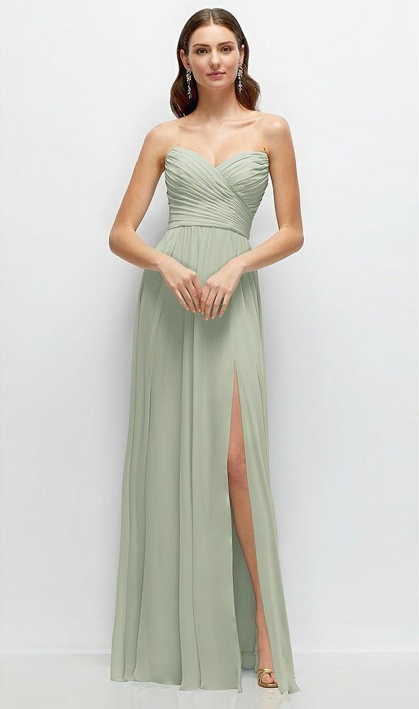 strapless pleated surplice chiffon maxi dress with a-line skirt