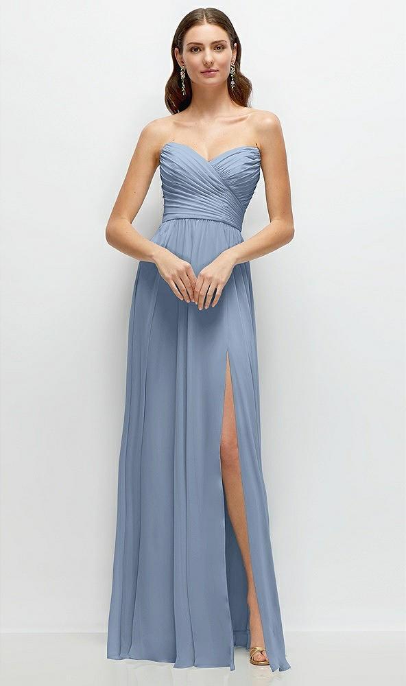 strapless pleated surplice chiffon maxi dress with a-line skirt