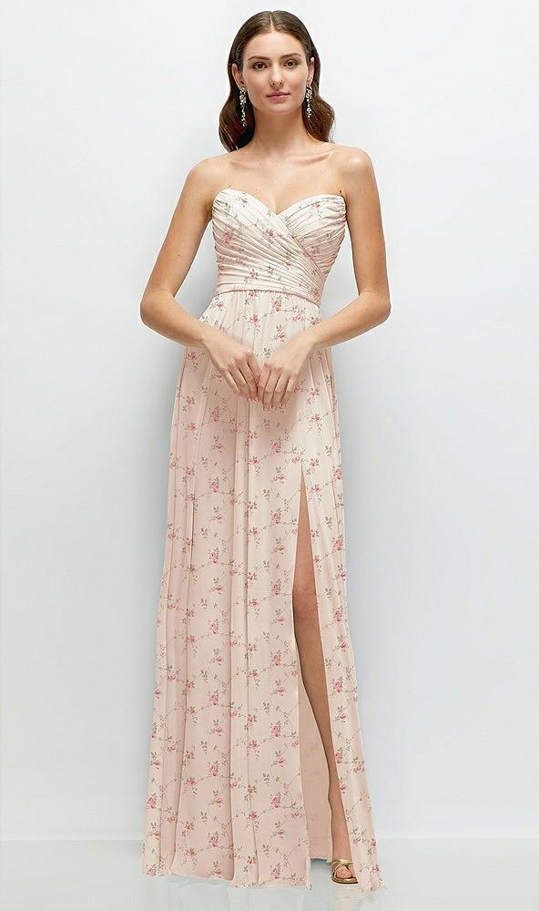 strapless pleated surplice chiffon maxi dress with a-line skirt