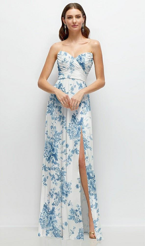 strapless pleated surplice chiffon maxi dress with a-line skirt