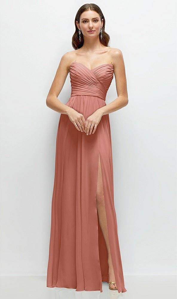 strapless pleated surplice chiffon maxi dress with a-line skirt