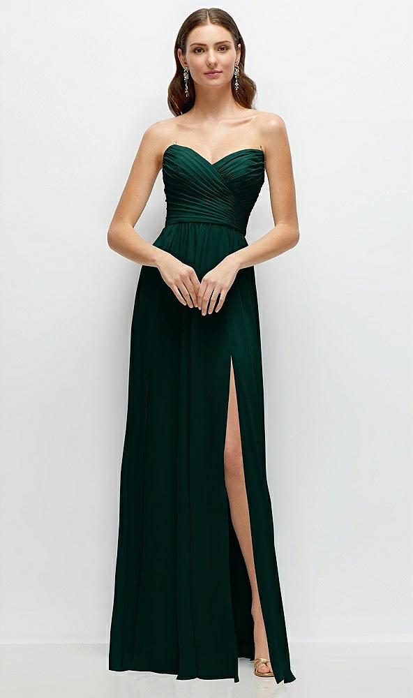 strapless pleated surplice chiffon maxi dress with a-line skirt