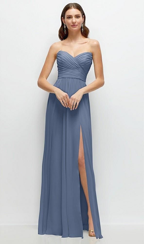 strapless pleated surplice chiffon maxi dress with a-line skirt