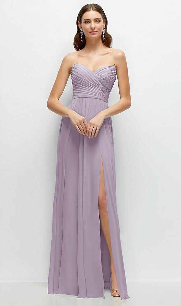 strapless pleated surplice chiffon maxi dress with a-line skirt
