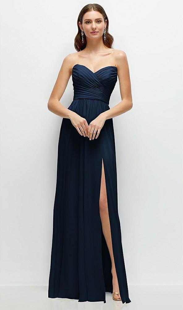 strapless pleated surplice chiffon maxi dress with a-line skirt