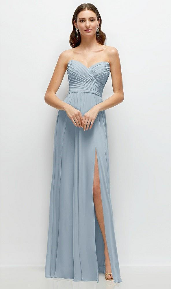 strapless pleated surplice chiffon maxi dress with a-line skirt