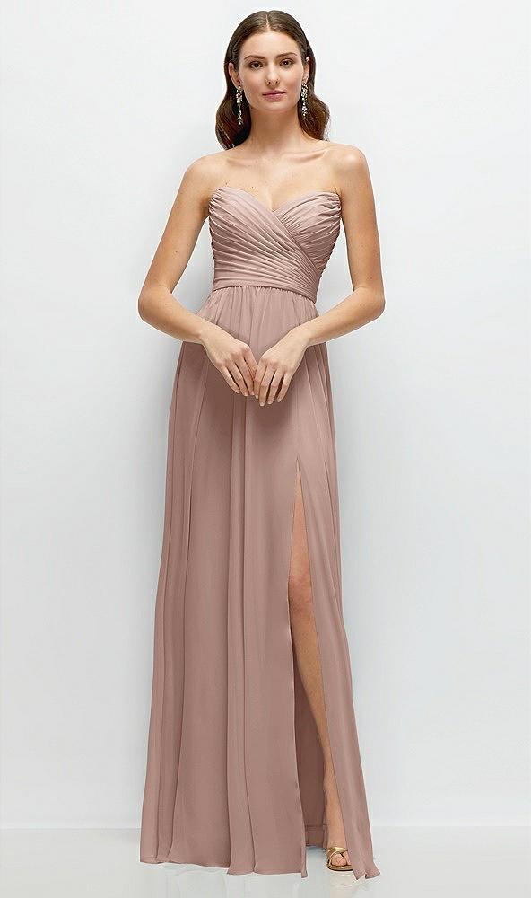strapless pleated surplice chiffon maxi dress with a-line skirt