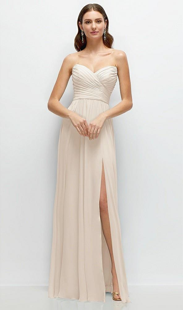 strapless pleated surplice chiffon maxi dress with a-line skirt