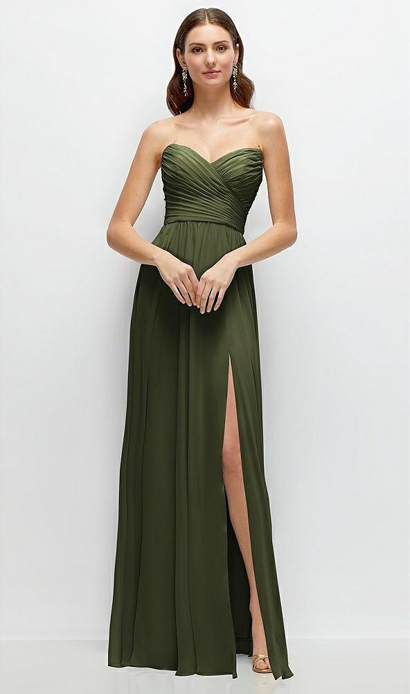 strapless pleated surplice chiffon maxi dress with a-line skirt