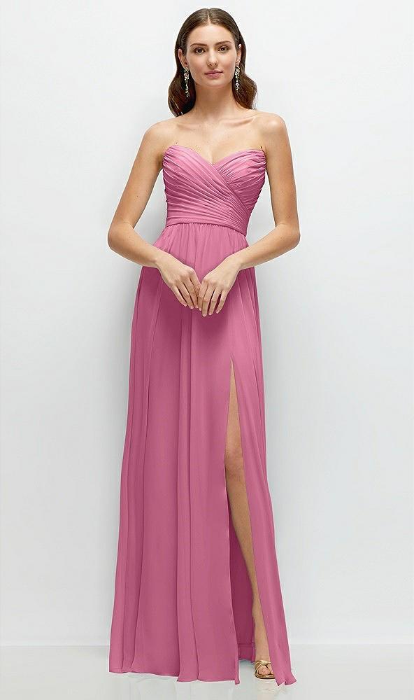 strapless pleated surplice chiffon maxi dress with a-line skirt