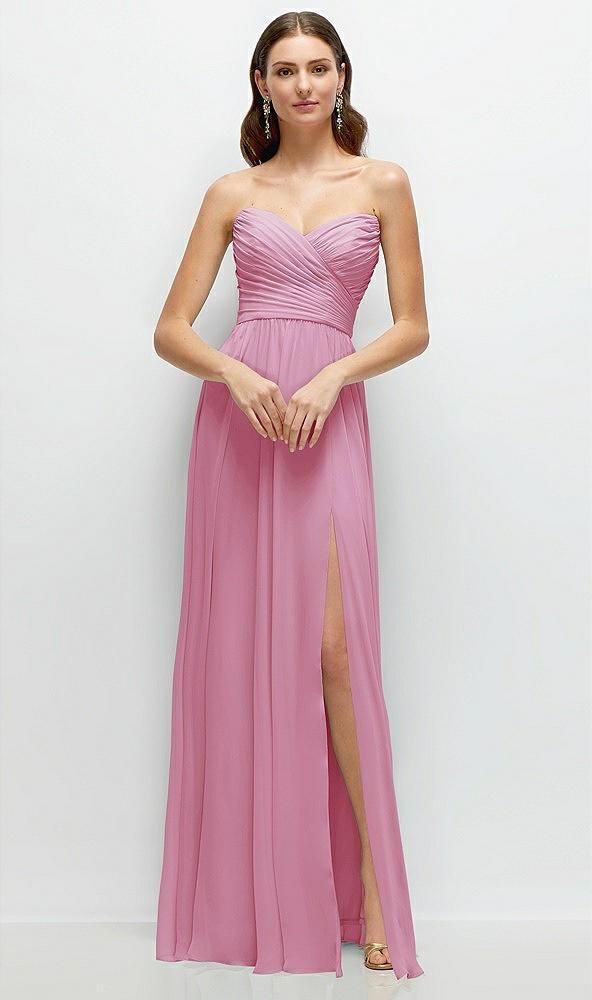 strapless pleated surplice chiffon maxi dress with a-line skirt