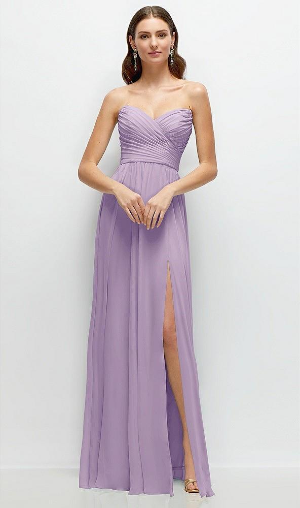 strapless pleated surplice chiffon maxi dress with a-line skirt