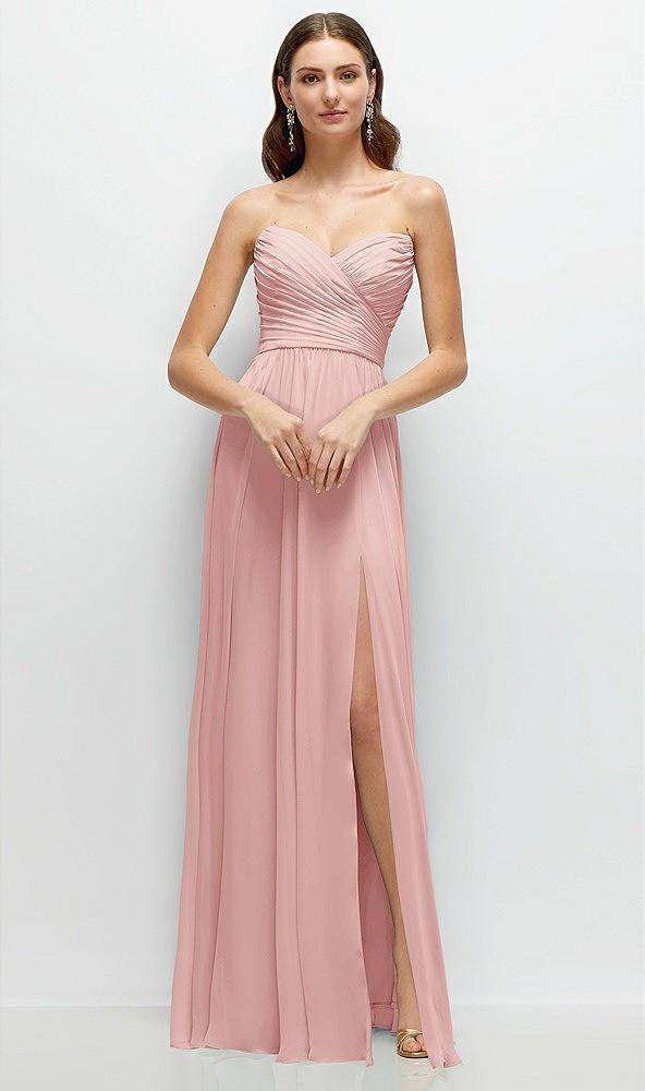 strapless pleated surplice chiffon maxi dress with a-line skirt