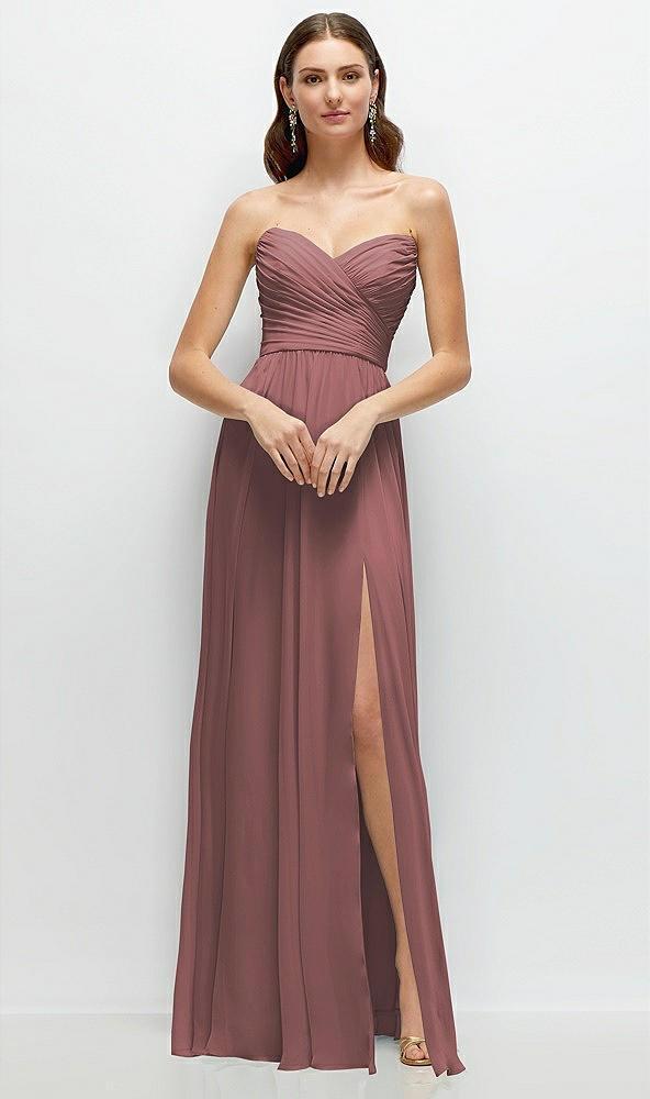 strapless pleated surplice chiffon maxi dress with a-line skirt