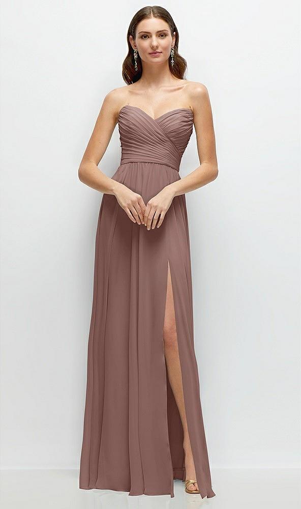 strapless pleated surplice chiffon maxi dress with a-line skirt