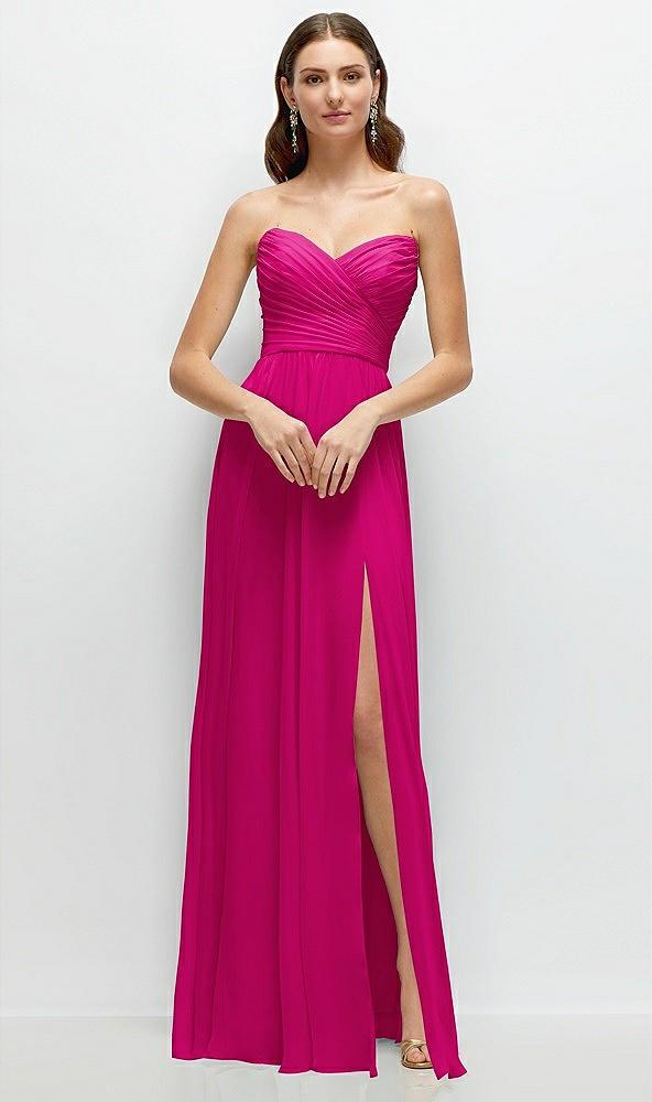 strapless pleated surplice chiffon maxi dress with a-line skirt