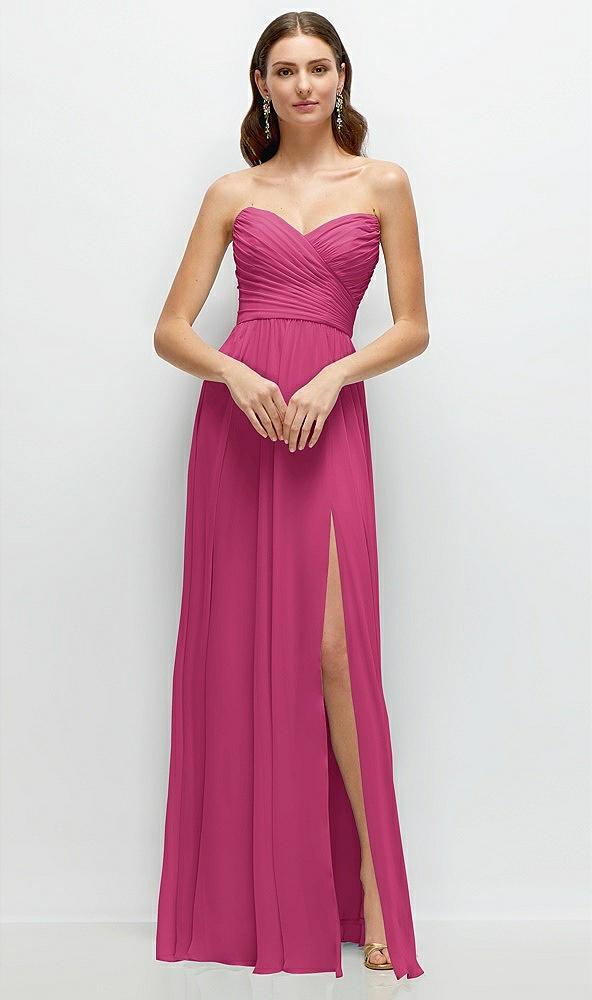strapless pleated surplice chiffon maxi dress with a-line skirt