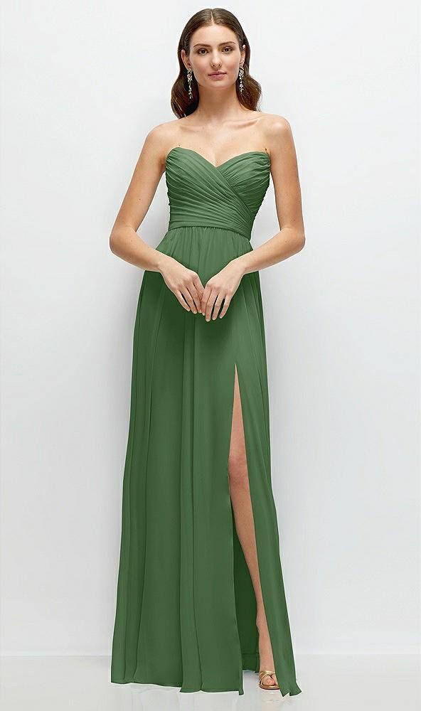 strapless pleated surplice chiffon maxi dress with a-line skirt
