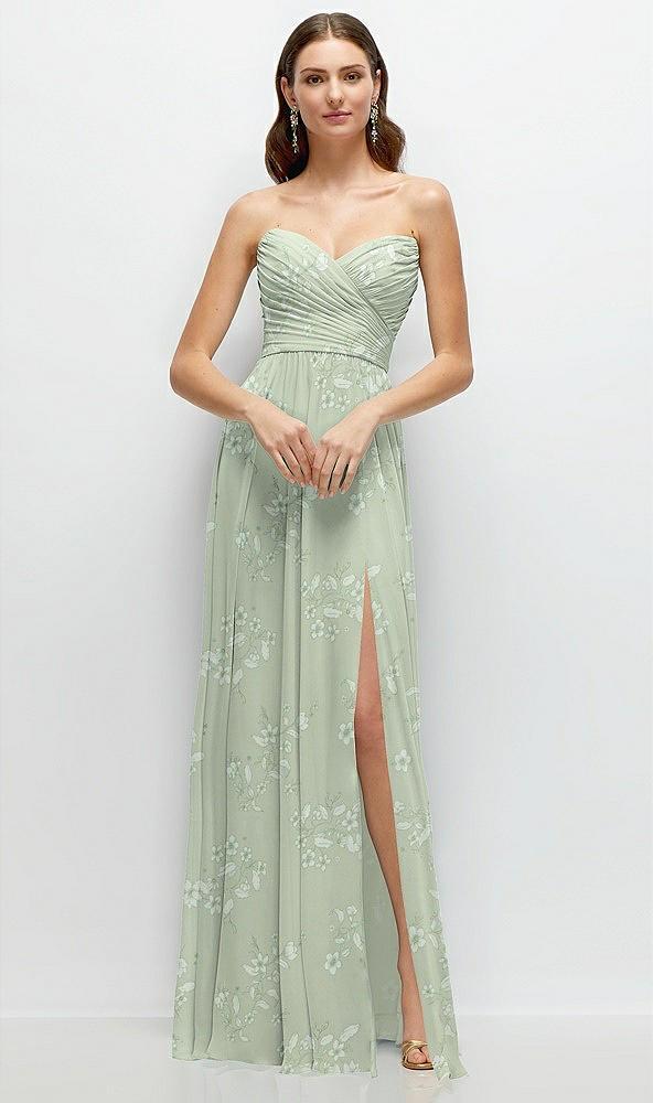 strapless pleated surplice chiffon maxi dress with a-line skirt