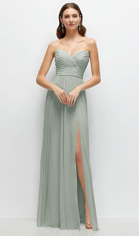 strapless pleated surplice chiffon maxi dress with a-line skirt