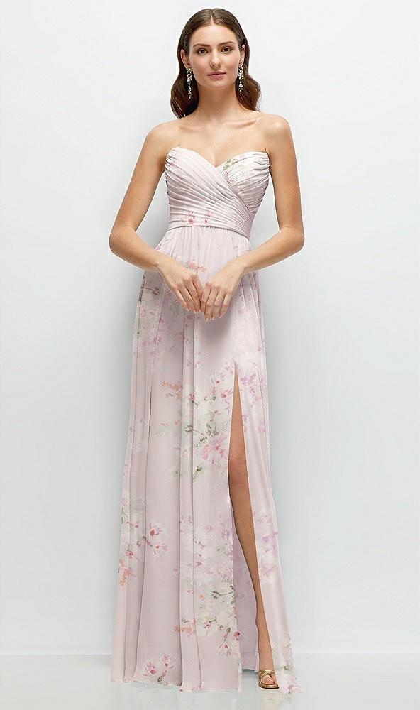 strapless pleated surplice chiffon maxi dress with a-line skirt