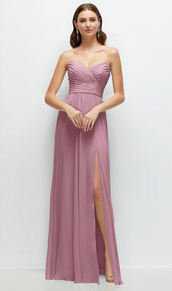 strapless pleated surplice chiffon maxi dress with a-line skirt