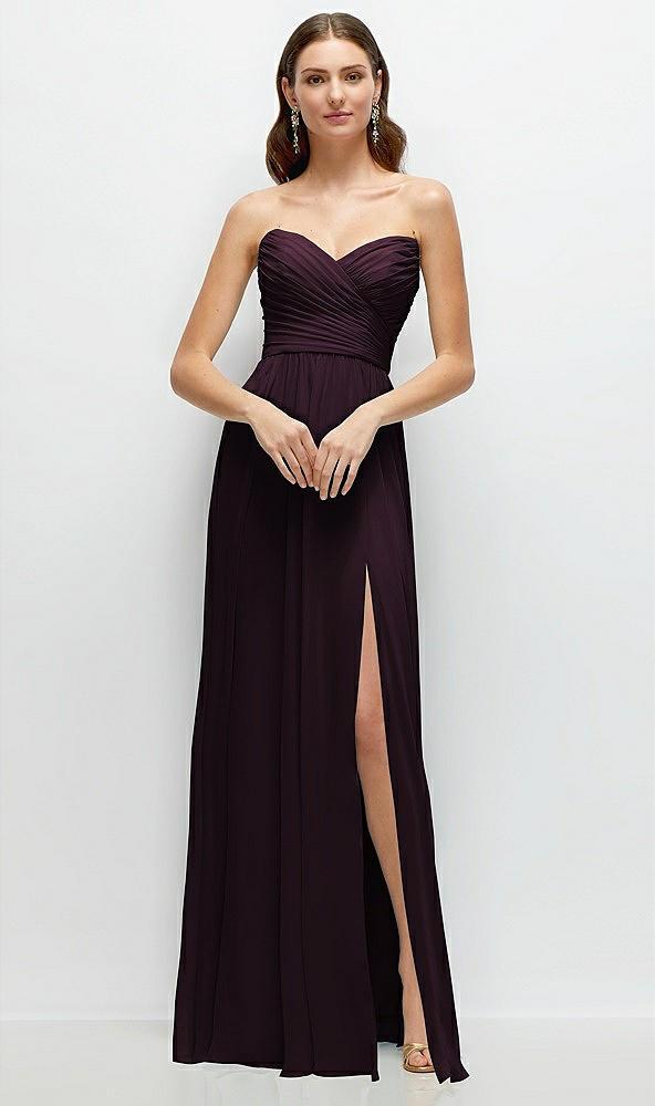 strapless pleated surplice chiffon maxi dress with a-line skirt