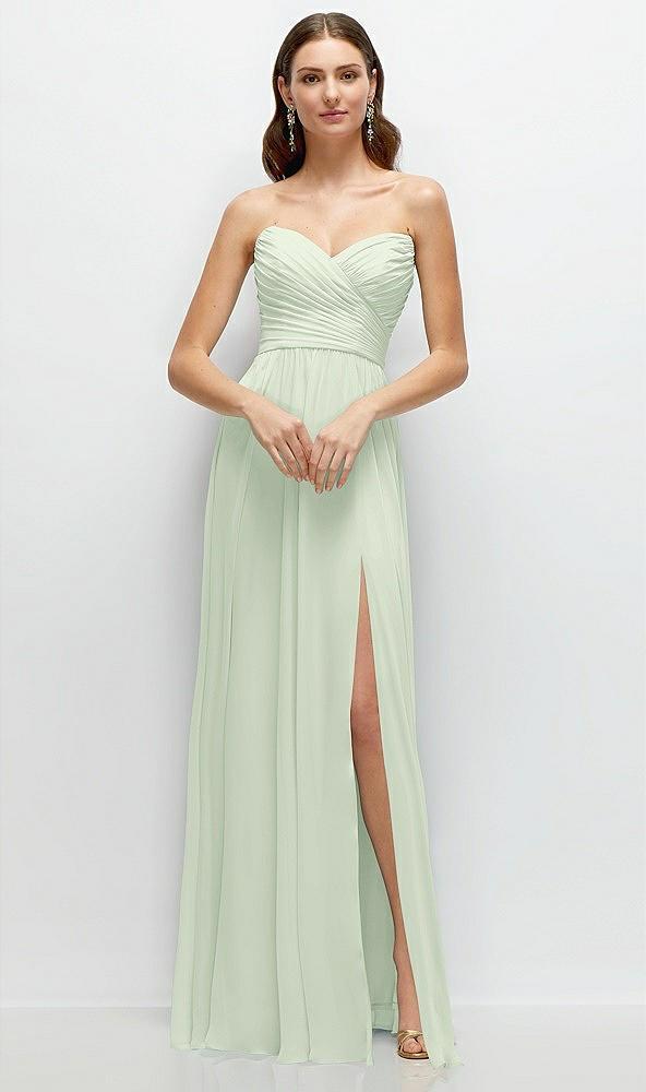 strapless pleated surplice chiffon maxi dress with a-line skirt