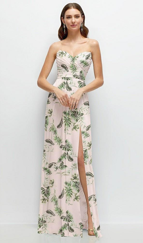 strapless pleated surplice chiffon maxi dress with a-line skirt