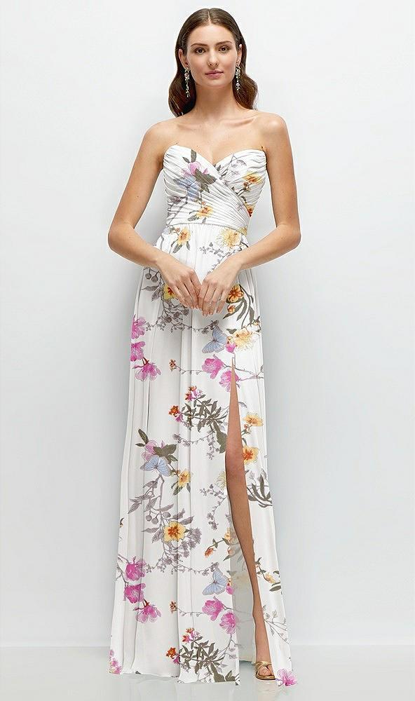 strapless pleated surplice chiffon maxi dress with a-line skirt