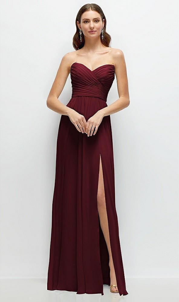 strapless pleated surplice chiffon maxi dress with a-line skirt