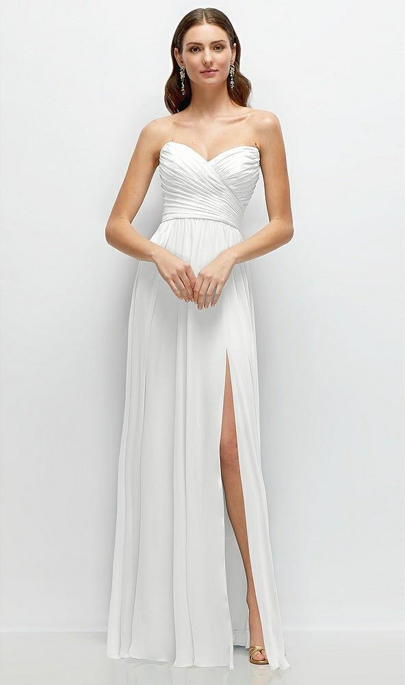 strapless pleated surplice chiffon maxi dress with a-line skirt