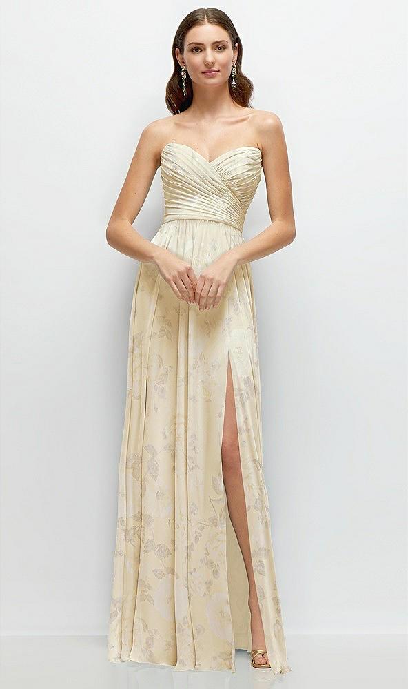 strapless pleated surplice chiffon maxi dress with a-line skirt
