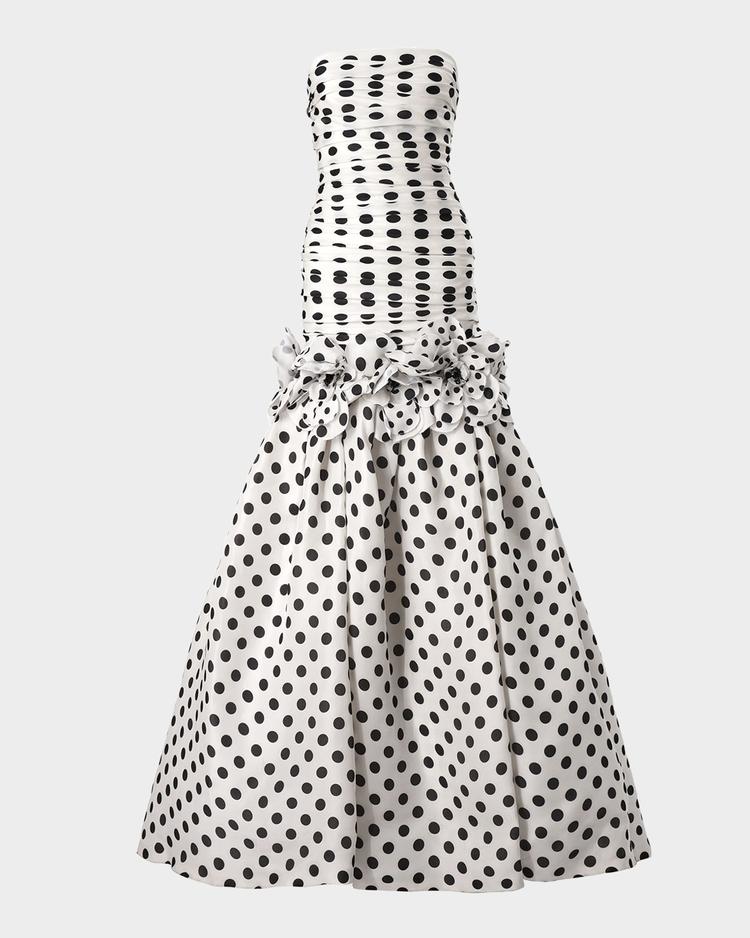 Carolina Herrera Strapless Polka-Dot Gathered Mermaid Gown With Flowers – A silk gown featuring a gathered bodice, floral appliqué, and a dramatic mermaid silhouette.