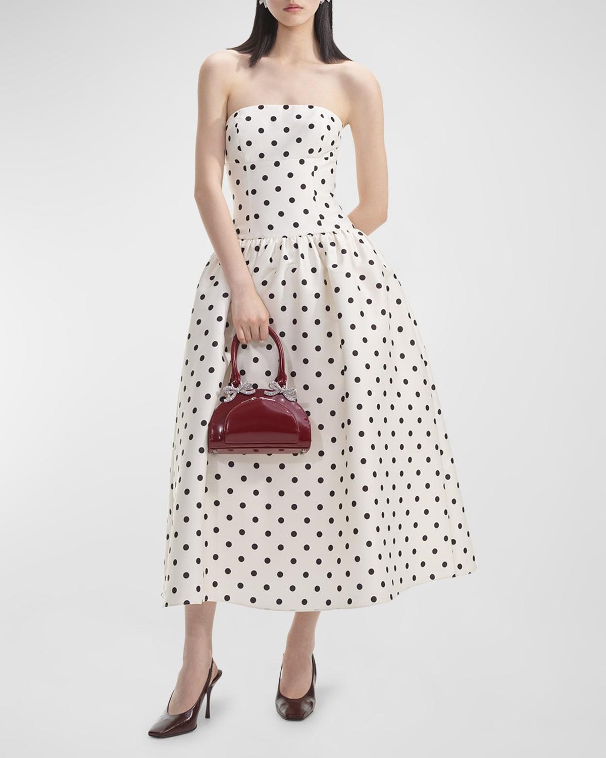 strapless polka dot taffeta midi dress