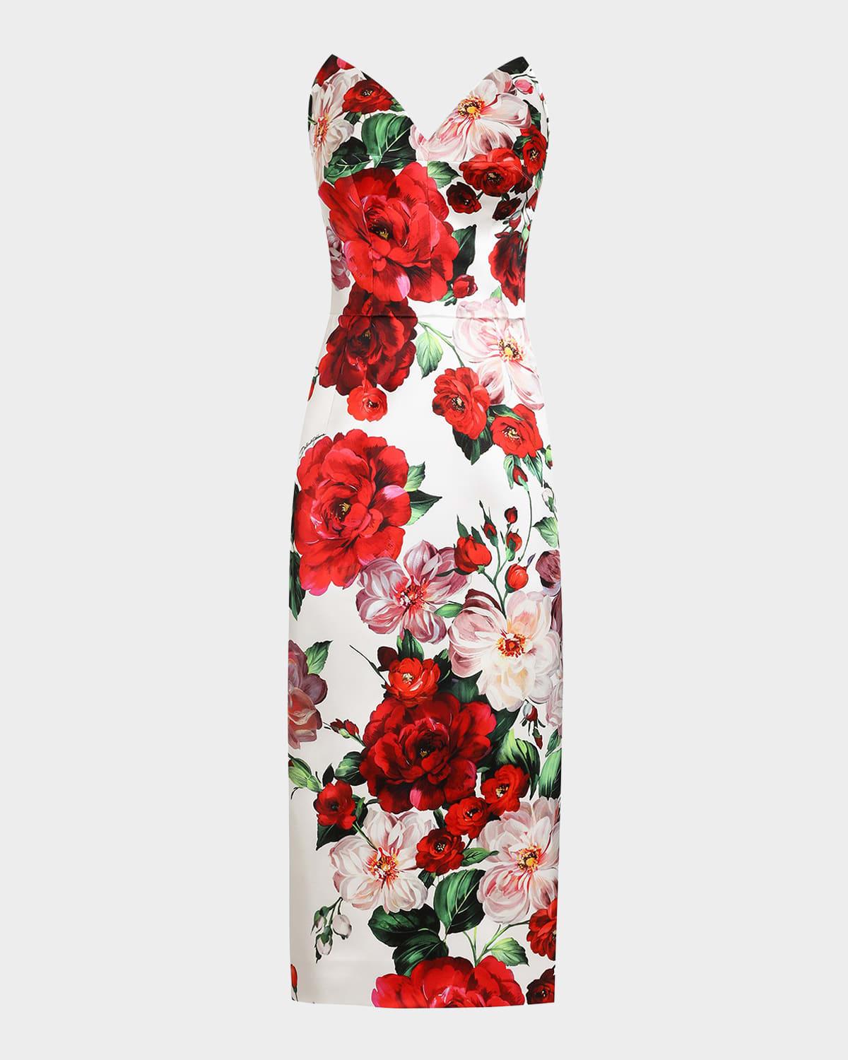 strapless rose bouquet satin midi dress