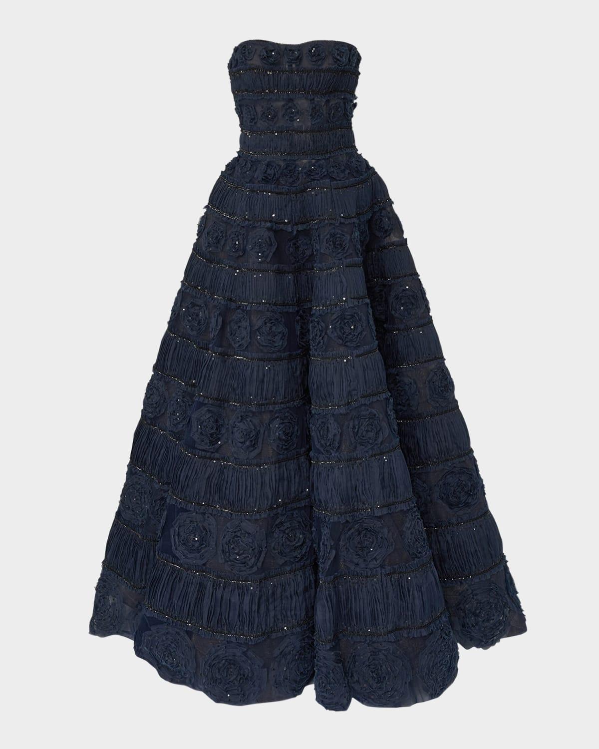 strapless rose embroidered ball gown