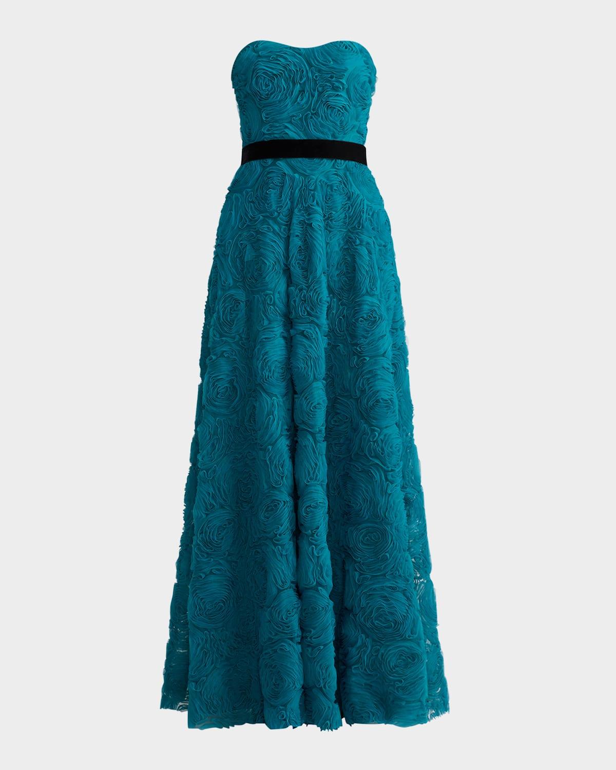 strapless rosette applique tulle gown