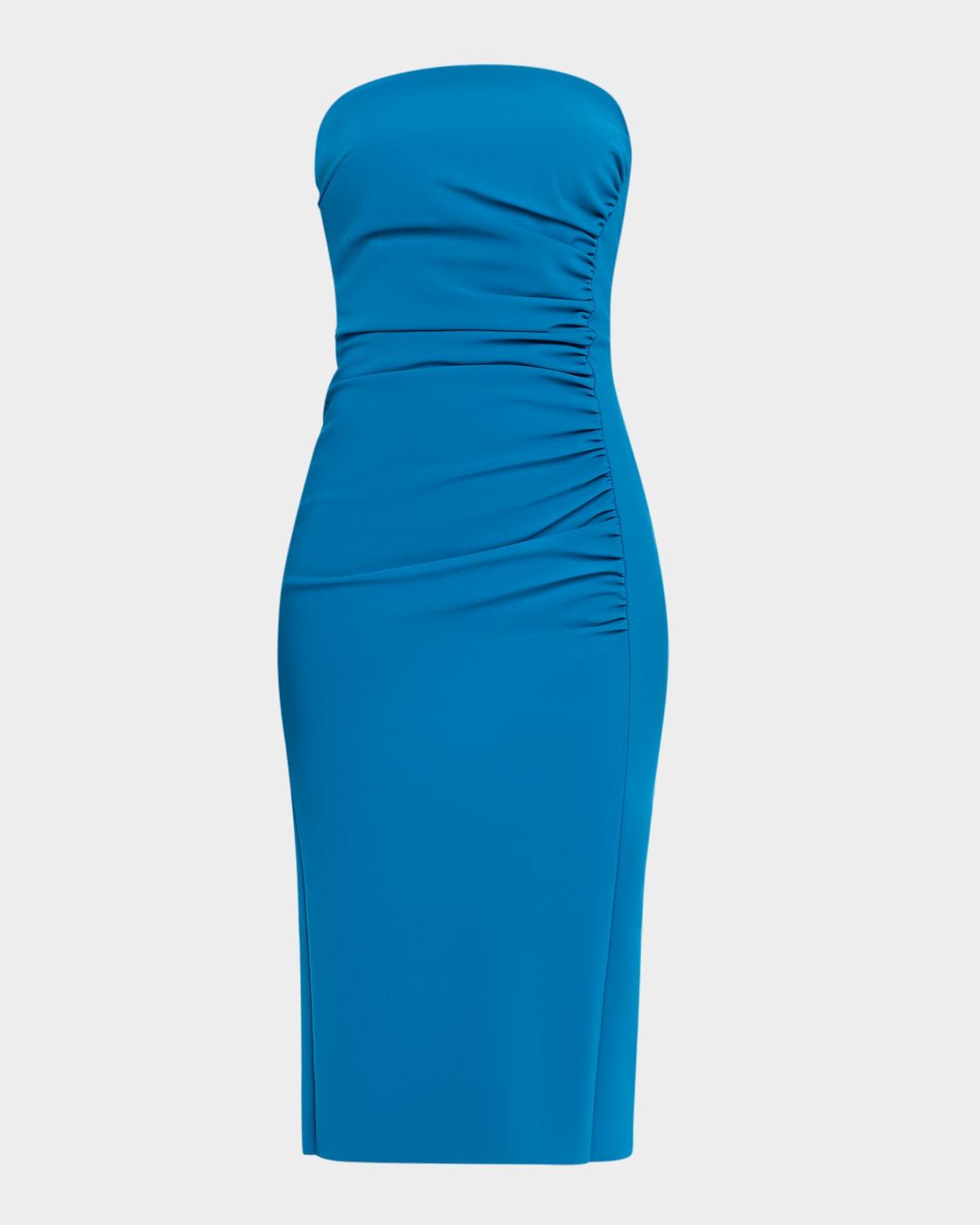 strapless ruched bodycon midi dress