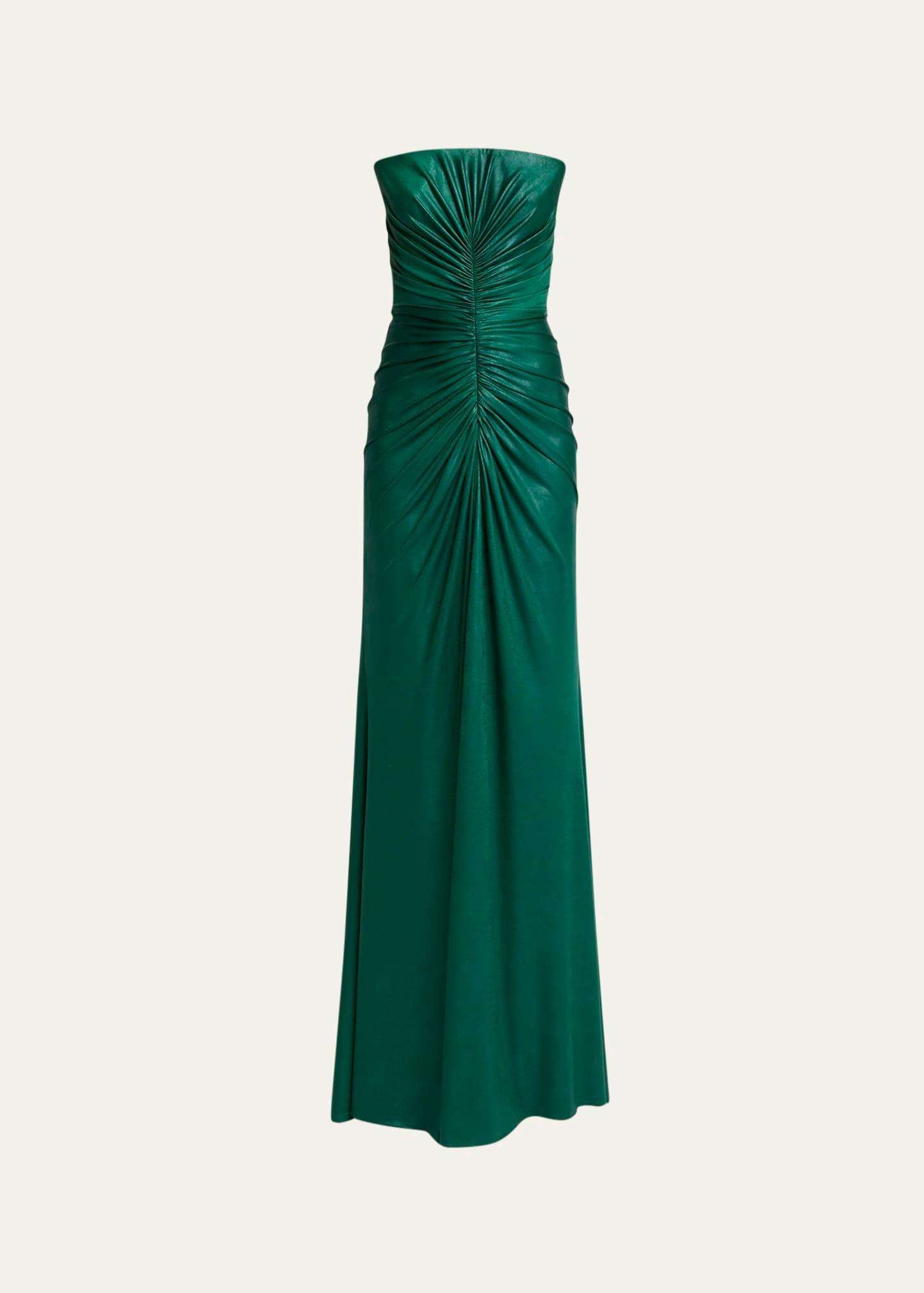 strapless ruched coated jersey gown
