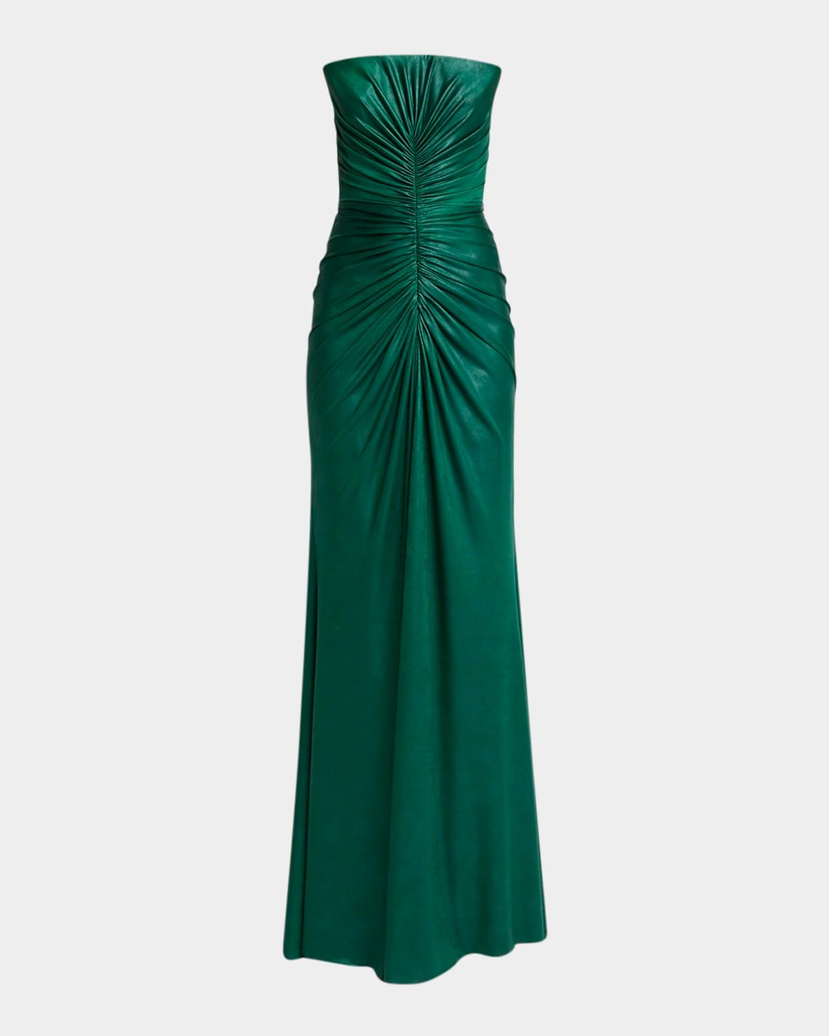 strapless ruched coated jersey gown