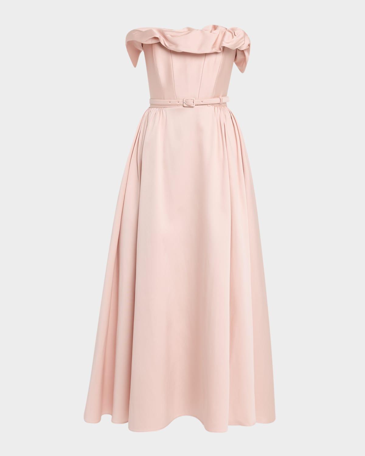 strapless ruffle drape midi dress