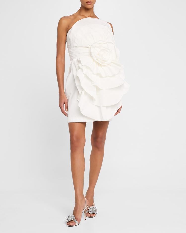 strapless ruffle taffeta mini dress