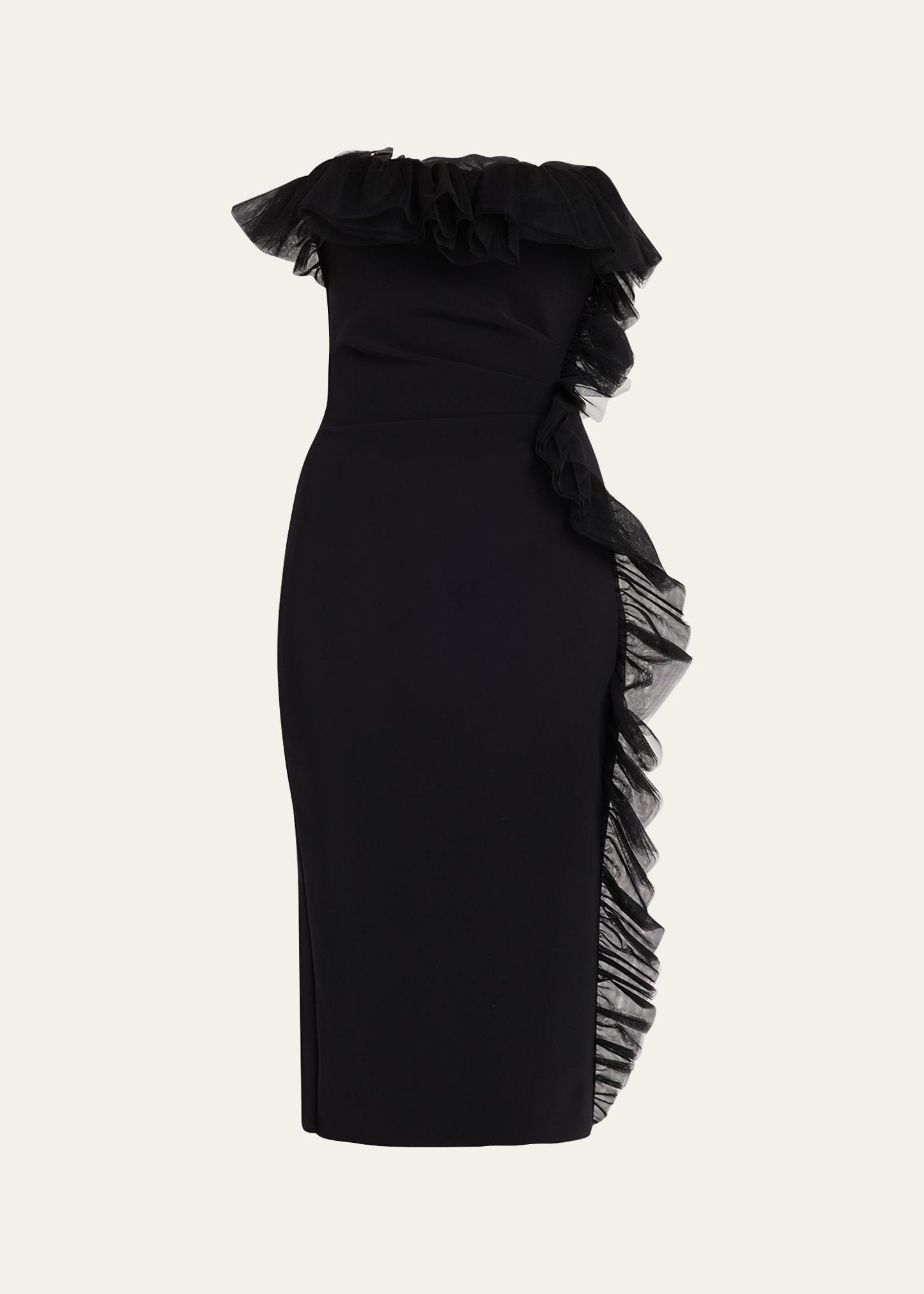 strapless ruffle-trim bodycon dress