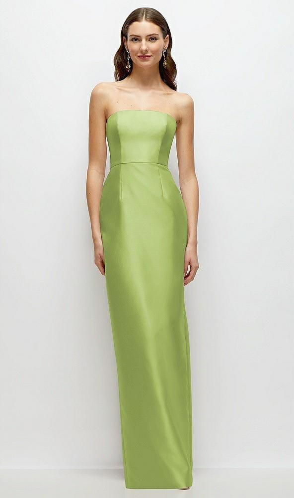 strapless satin column dress with back slit